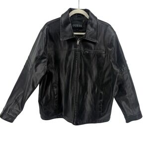 Guess Mens Faux Leather Moto‎ Jacket Black Full Zip Collared L Edgy Sexy Rock